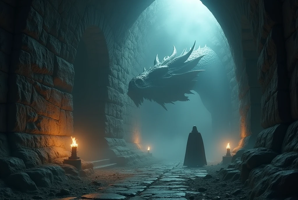 a mysterious fog, a dragon and a daemon emerging from the fog, an underground labyrinth made of stone walls, Illuminated by torchlight, fantasy RPG style, high quality, photorealistic, detailed, dramatic lighting, moody color palette, eerie atmosphere, cinematic composition, epic scale, mythical creatures, intricate details, sense of wonder, exploration, adventure
