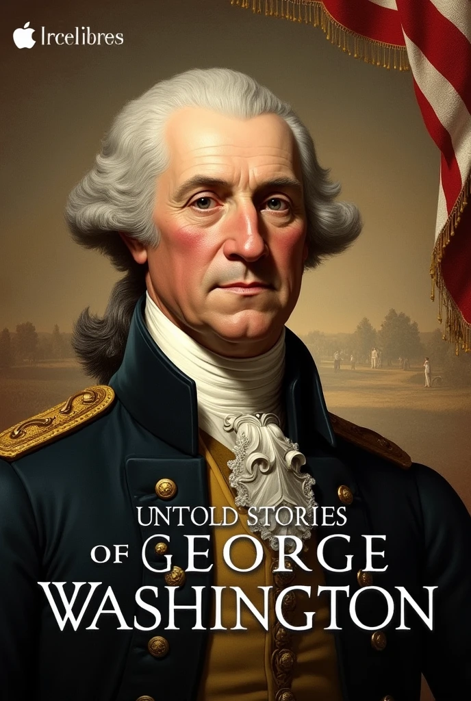 Design a YouTube thumbnail featuring a dramatic, historical background with a faded image of Mount Vernon or a vintage map of early America. Place a detailed portrait of George Washington in his Revolutionary War uniform prominently in the center, with a thoughtful or determined expression. Overlay bold text reading, “The Untold Stories of George Washington” and a subtitle like “Revealing Hidden Facts!” Add subtle elements such as a quill, parchment, or the American flag to enhance the historical context.