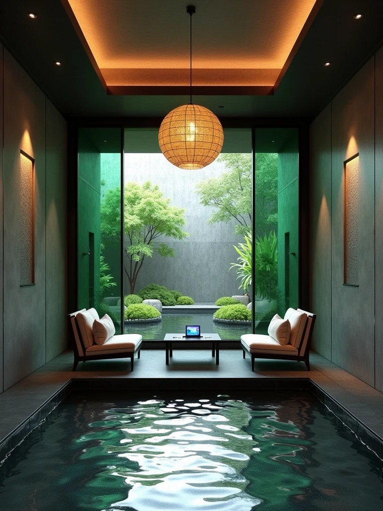 A modern Japanese-style room with an open-air hot spring, featuring dark gray walls and black tiles on the floor. The walls are adorned with green decorative glass panels that showcase the trees outside. A round chandelier hangs above two comfortable chairs placed in front of a table. In one corner of the room, there is a door leading to another Japanese-style bathroom area. A small desk is equipped with a small TV. Outside the window, lush greenery and a small pond can be seen.