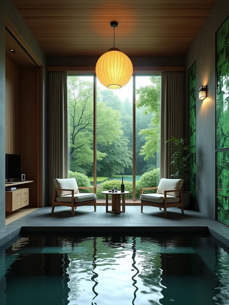 A modern Japanese-style room with an open-air hot spring, featuring dark gray walls and black tiles on the floor. The walls are adorned with green decorative glass panels that showcase the trees outside. A round chandelier hangs above two comfortable chairs placed in front of a table. In one corner of the room, there is a door leading to another Japanese-style bathroom area. A small desk is equipped with a small TV. Outside the window, lush greenery and a small pond can be seen.