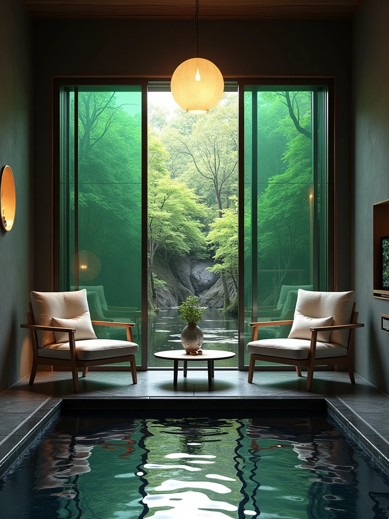 A modern Japanese-style room with an open-air hot spring, featuring dark gray walls and black tiles on the floor. The walls are adorned with green decorative glass panels that showcase the trees outside. A round chandelier hangs above two comfortable chairs placed in front of a table. In one corner of the room, there is a door leading to another Japanese-style bathroom area. A small desk is equipped with a small TV. Outside the window, lush greenery and a small pond can be seen.