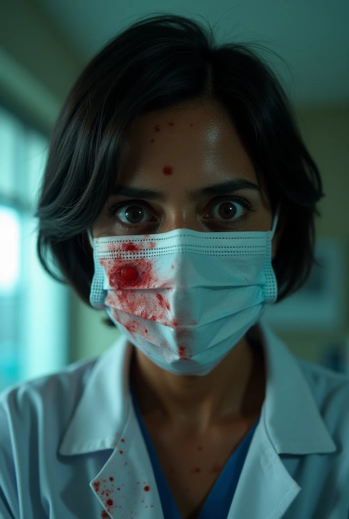 Extremely scared Indian women in uniform of doctor.with use and throw mask on her face  . Blood on her face and her white coat and short hair.

