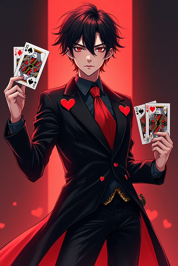 Movie poster Reddish's Bad Plays
A young man in a black and red suit with a heart design ,black and red hair and a deck of cards in one hand and a sword in the other