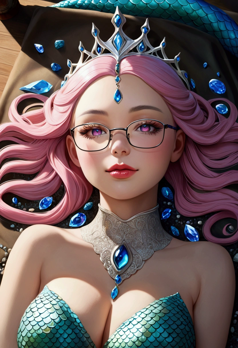 1 girl, (Improved quality: 1.4), (high quality real-textured skin), ombre hair, body (bodys perfectos: 1.1), There are precious stones on the forehead, rimless glasses, bright pupils, long eyelashes, smile, photorealistic hyperrealism, cinematic lighting, projected insertion, surrealism, hiper HD, masterpiece, 16k, lay down, dreams, Mermaid princess, slim, big breasts, White skin, Functional, big breasts, Closed mouth, pink lips, Red cheeks, captivates the audience