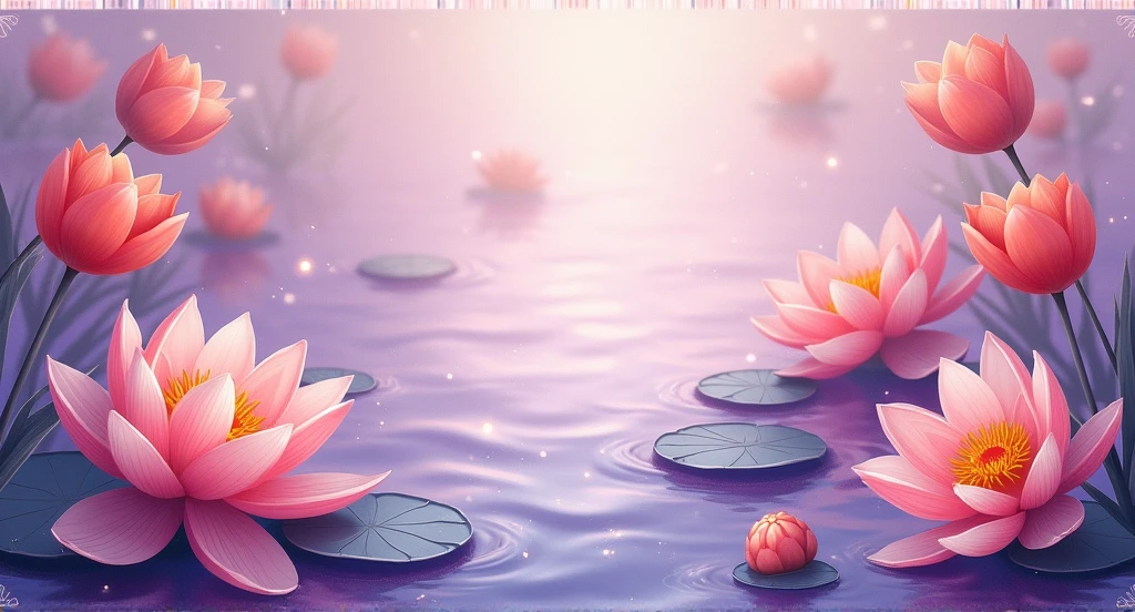 a card that has lotus flowers as borders all around, and in the background it has a faint purple color with stripes as if they were waves in the water of a darker shade than that purple, in addition to the lotus flowers also that randomly generated sparkles and accompany them with reddish-orange tulips. Make it in an oil painting style.