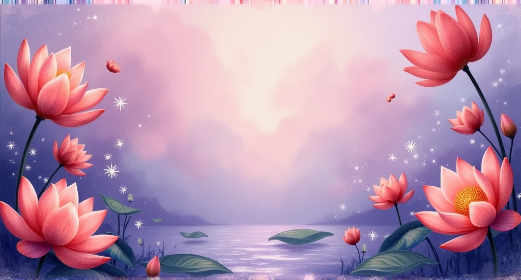 a card that has lotus flowers as borders all around, and in the background it has a faint purple color with stripes as if they were waves in the water of a darker shade than that purple, in addition to the lotus flowers also that randomly generated sparkles and accompany them with reddish-orange tulips. Make it in an oil painting style.