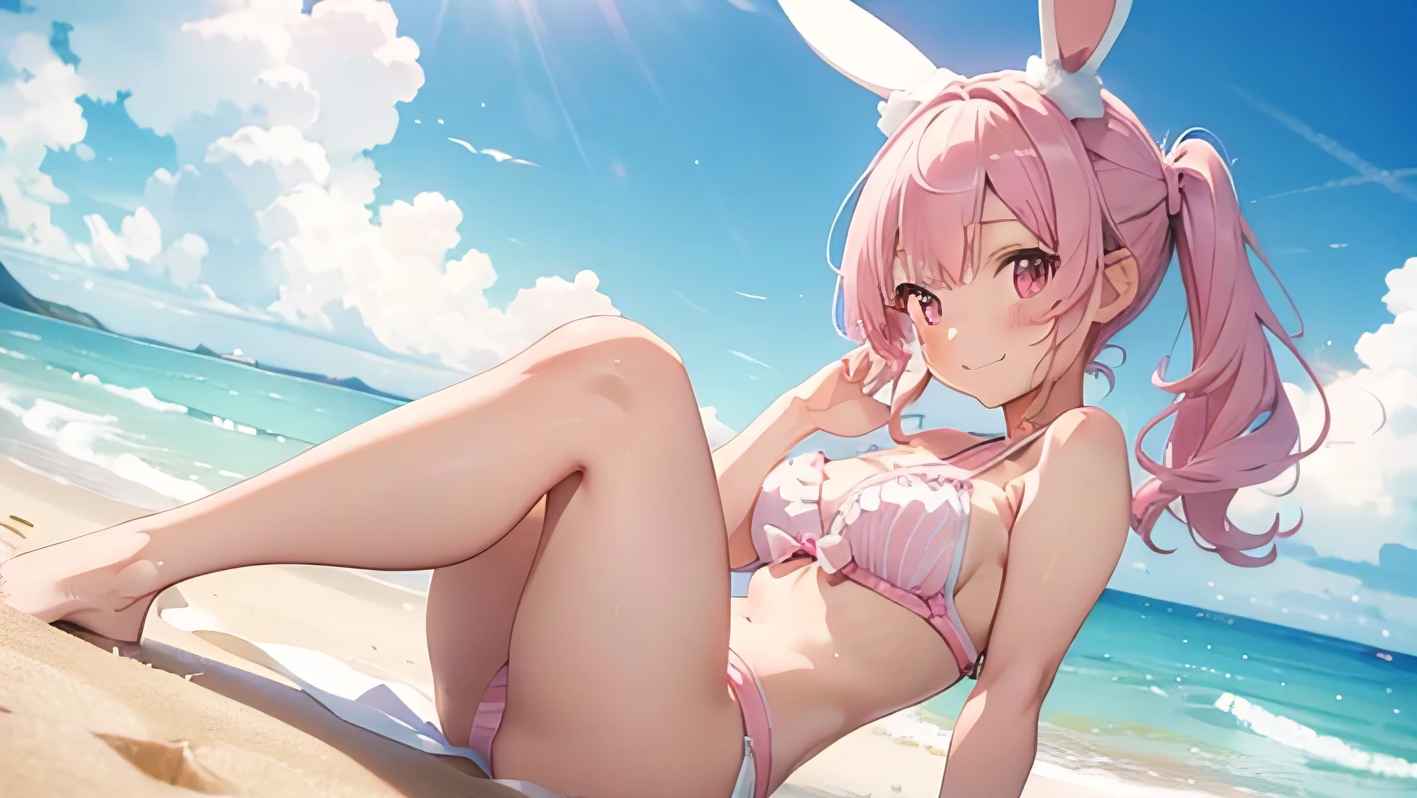 Highest quality, cute, pastel colour, Fluffy white  ears, smile,Pink Hair,Pink eyes,wallpaper style,Beach、Sandy Beach、Swimwear、beautiful legs