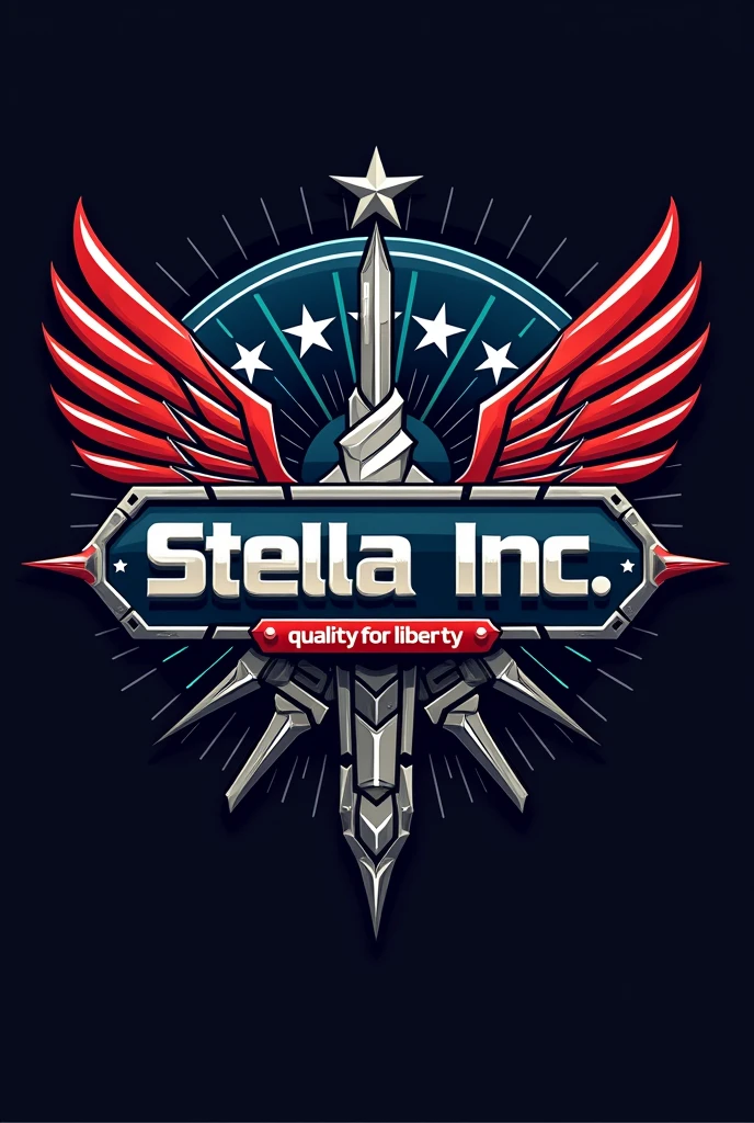 “Stella Inc.” - company logo, weapon manufacturer, american, red, blue and white, stars, futuristic, “quality for liberty” slogan