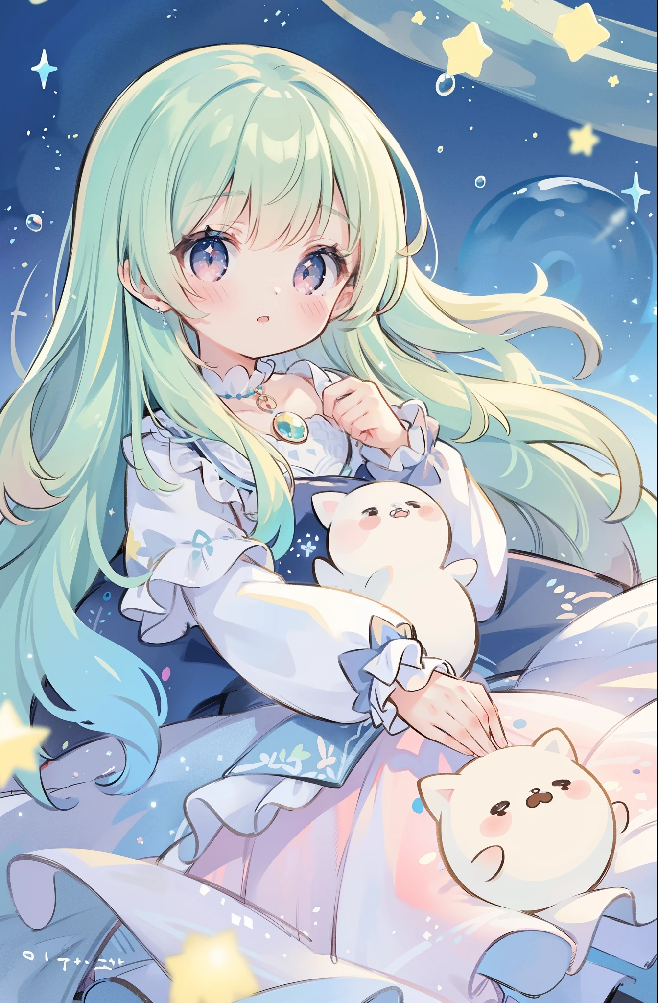 masterpiece, best quality, 8k resolution, sharp focus, intricate detail, beautiful girl, sparkling eyes, golden ratio face, otherworldly liquid, watercolor, cool colors, bright colors, whimsical, colorful, sharp focus, high resolution, fine detail, ((layered tiered puffy long sleeves ballgown)), ((round eyes)), iridescent bubbles, fantasia background