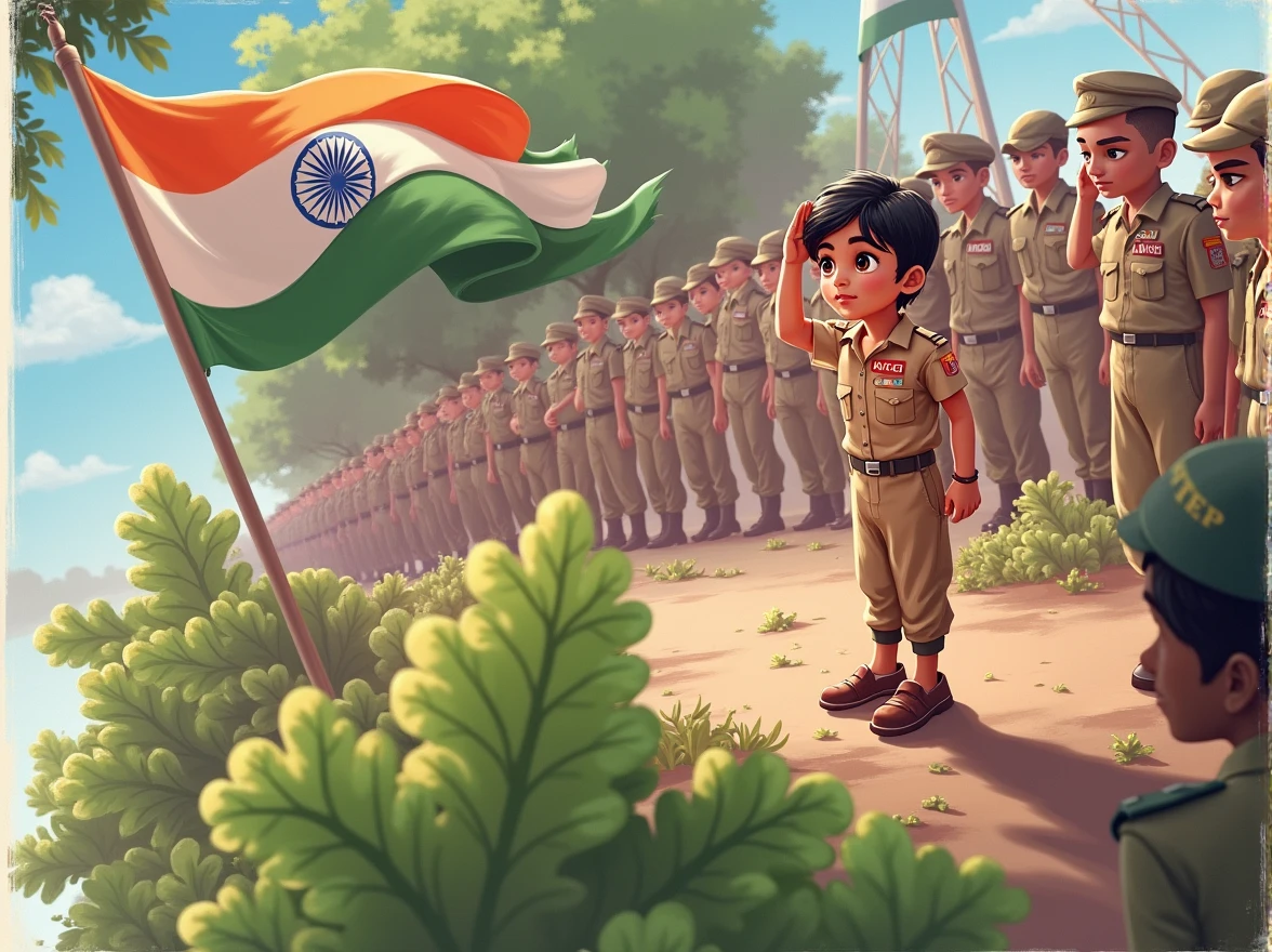 A boy salute indian flag. His name is Hazim
 written in his shirt
