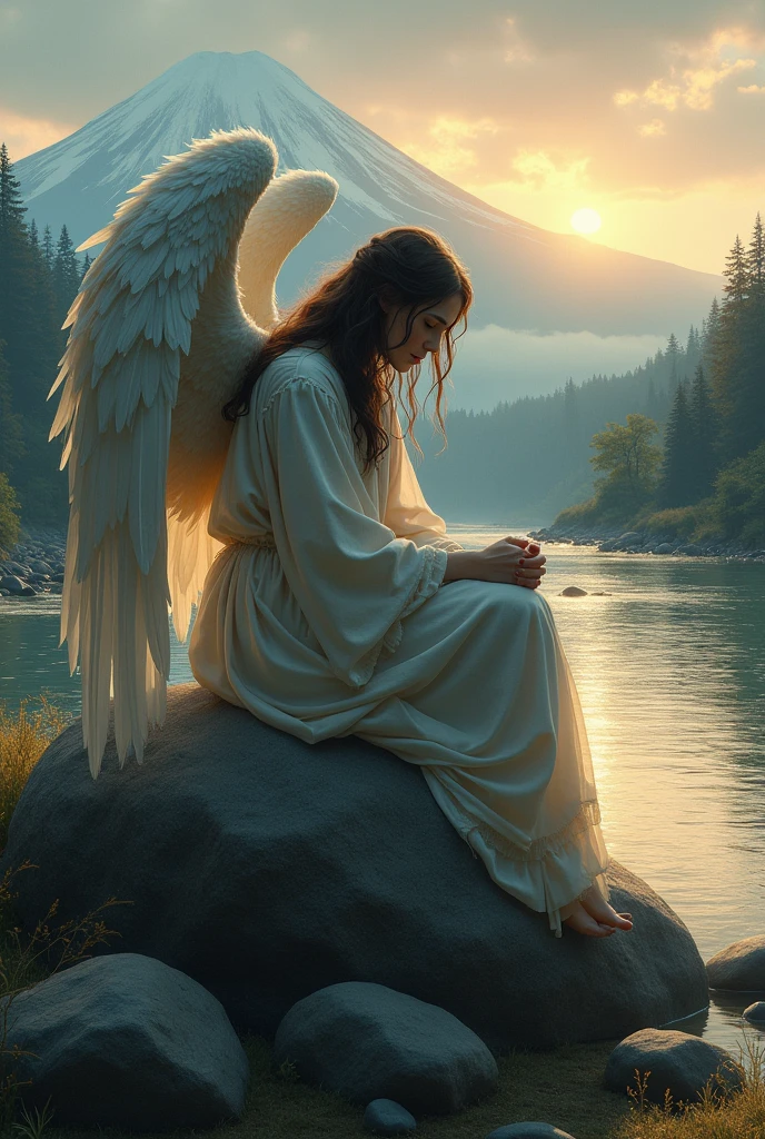 a sad angel, sitting on a large rock on the river bank at dusk, mt.fuji