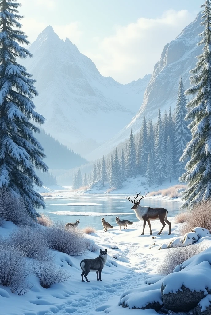 1. The picture shows a cold climate in northern Europe
2. The picture contains animals: northern Europe
3. The picture contains plants: northern Europe
4. The picture does not contain human
