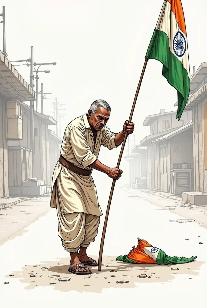 Generate an sketch image of a men picking indian flag from road