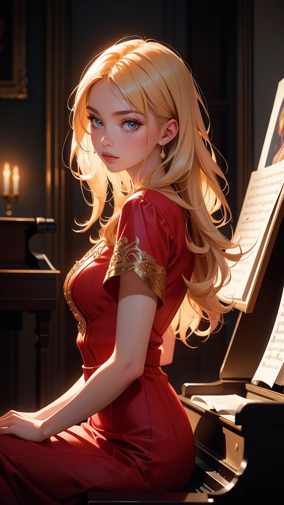 hyper realistic image of the highest quality, The perfect masterpiece, perfect work of art, 8k, a beautiful young woman in a red dress, blonde hair, upturned nose, is playing the piano on a bright stage, realistic oil painting, detailed face, detailed hands, chiaroscuro lighting, dramatic lighting, warm color tones, muted colors, elegant, cinematic, intricate details, photorealistic, 8k, high resolution, best quality, masterpiece, Annie Leibovitz style photography, ilya kuvshinov style, soft light, studio light, (intricate details), majestic, aesthetic