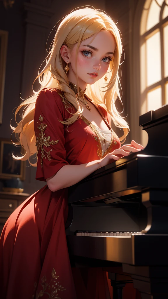 hyper realistic image of the highest quality, The perfect masterpiece, perfect work of art, 8k, a beautiful young woman in a red dress, blonde hair, upturned nose, is playing the piano on a bright stage, realistic oil painting, detailed face, detailed hands, chiaroscuro lighting, dramatic lighting, warm color tones, muted colors, elegant, cinematic, intricate details, photorealistic, 8k, high resolution, best quality, masterpiece, Annie Leibovitz style photography, ilya kuvshinov style, soft light, studio light, (intricate details), majestic, aesthetic