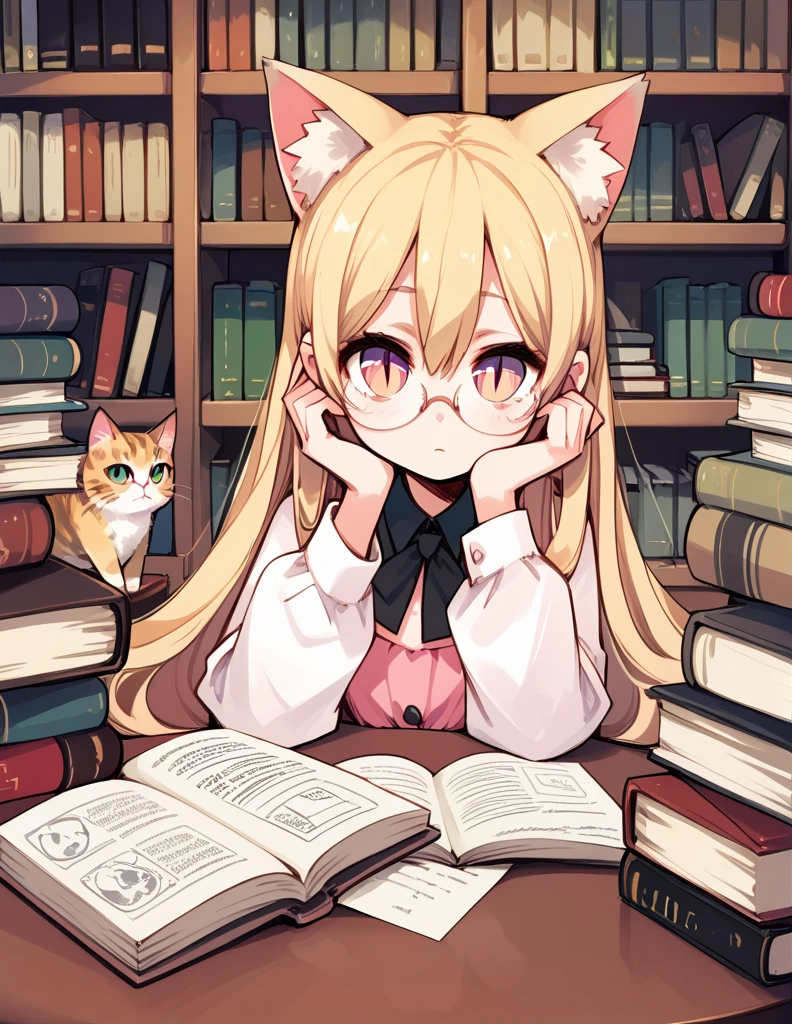 score_9,score_8_up,score_7_up,score_6, ,, 1girl,solo,glasses,very long hair, blonde hair,cat_ears,pink_dress, slit pupils,looking at viewer, bookstore, book stack,, table