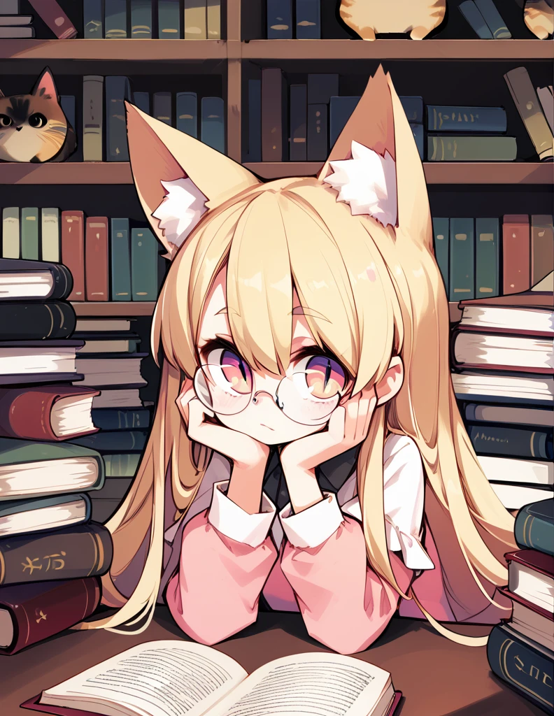 score_9,score_8_up,score_7_up,score_6, ,, 1girl,solo,glasses,very long hair, blonde hair,cat_ears,pink_dress, slit pupils,looking at viewer, bookstore, book stack,, table