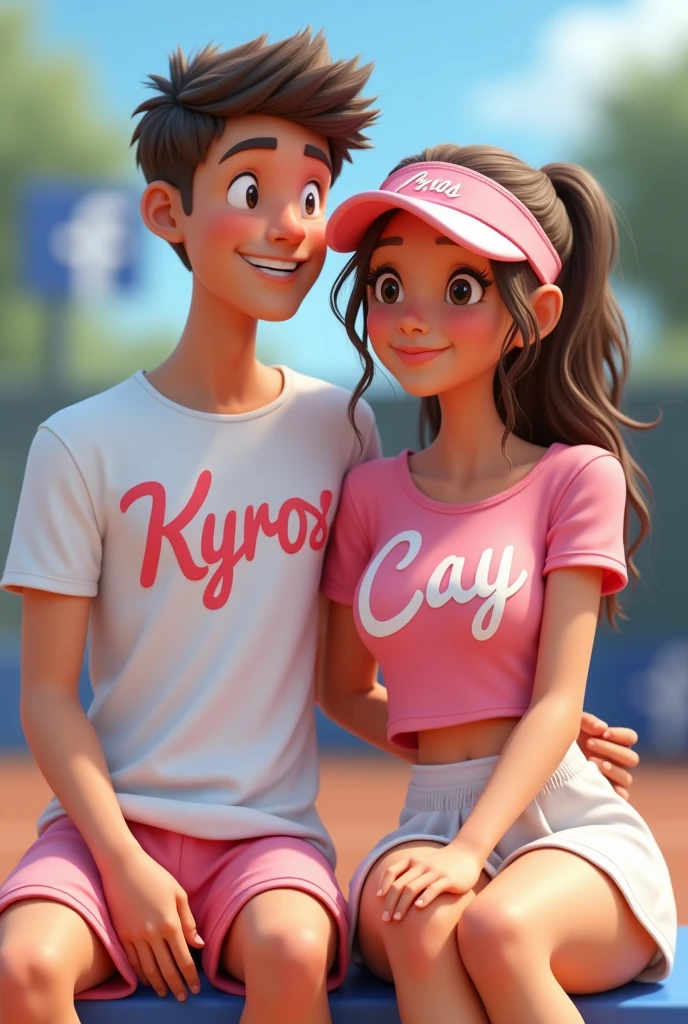 Create realistic image of cute couple wearing tennis outfit color pink and little white color combination on it. while sit on the FB LOGO the girl wearing sun visor name "Cay" 3rd curve style on it.the boy on the left hand had a tennis bath and on the t-shirt hand a name Kyros 3rd curve style on it be careful to the spelling on each letter on it.