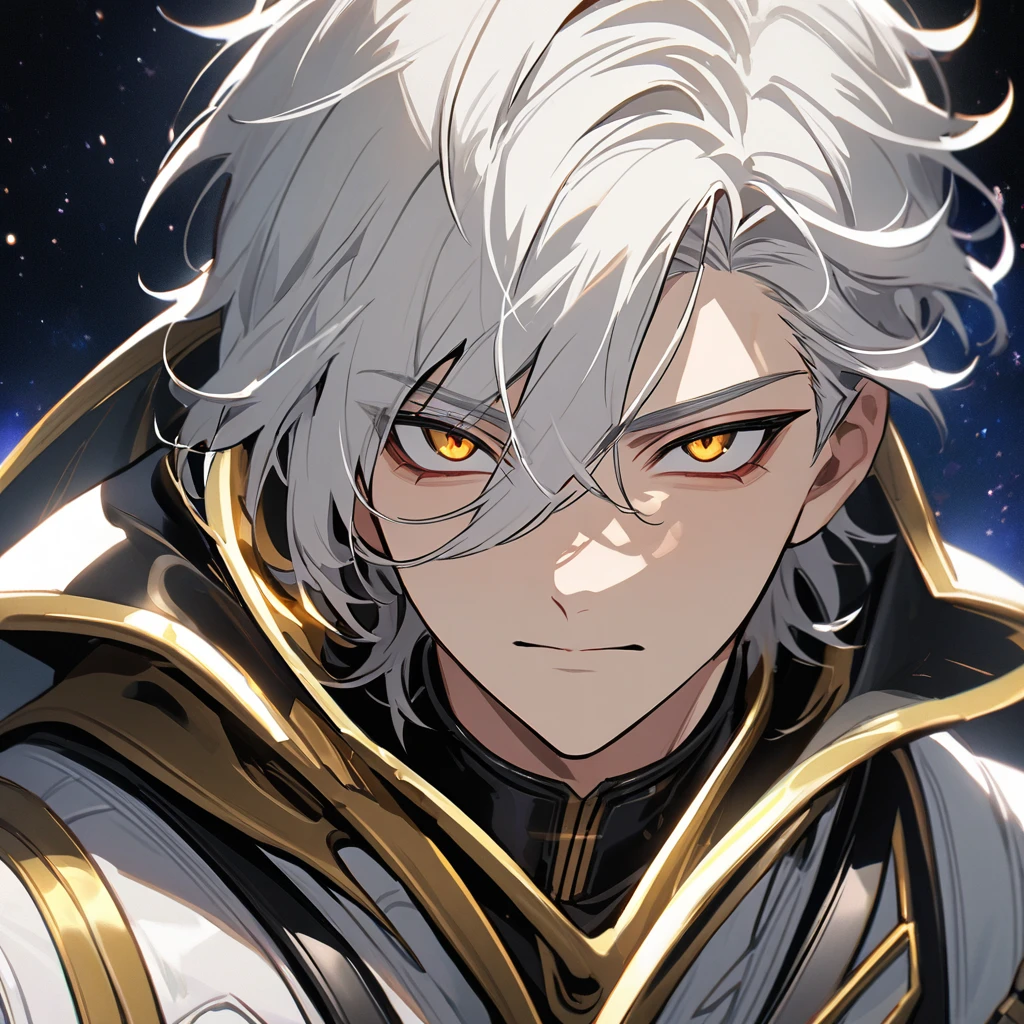 High quality, HD, 4k, no shadows, handsome male, handsome, 1male, 18 years old, 18yo, short white hair, white hair, white hair, white hair, sharp eyes, deep golden colored eyes, dark gold colored eyes, deep gold eyes, gold eyes, devil may cry, close up, calm expression, stoic expression, black leather clothes, white leather clothing, lean body, well trained body, upper body, looking at viewer, cowboy shot, white solar, space background