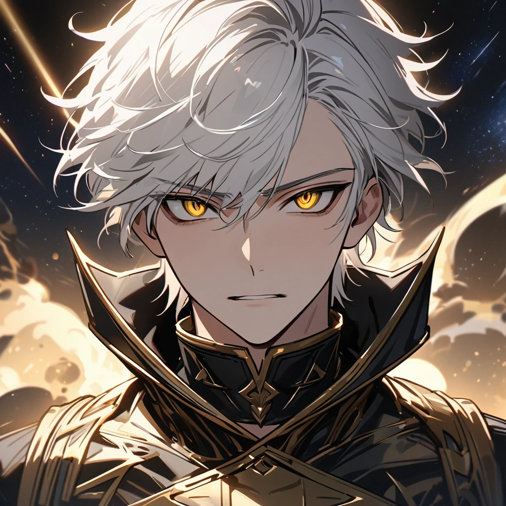 High quality, HD, 4k, no shadows, handsome male, handsome, 1male, 18 years old, 18yo, short white hair, white hair, white hair, white hair, sharp eyes, deep golden colored eyes, dark gold colored eyes, deep gold eyes, gold eyes, devil may cry, close up, calm expression, stoic expression, black leather clothes, white leather clothing, lean body, well trained body, upper body, looking at viewer, cowboy shot, white solar, space background