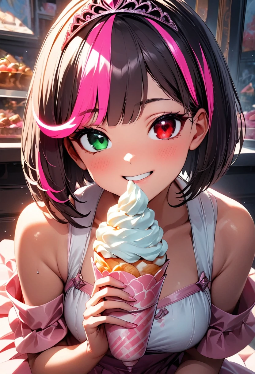 (highest quality:1.2, Very detailed, up to date, Vibrant, Ultra-high resolution, High Contrast, masterpiece:1.2, highest quality, Best aesthetics), Portraiture、girl、princess, solo, (25-years-old:1), slim, heterrochromia, green eye, red eye, extra short hair, ((bob cut:1.5))、pink and purple, ((streaked hair:1.9)), (highlights hair: 1.6), Pink Princess dress, (pink tiara:1.5), (medium breast:0.7), (tan skin:0.5), (happy:1.8), sit surrounded by sweets:1, in house of sweets, pastel color wall, Eating soft serve ice cream, excessive cream on your cheeks, Bright colors、Beautiful fine details、Beautiful lip detail、look at viewer