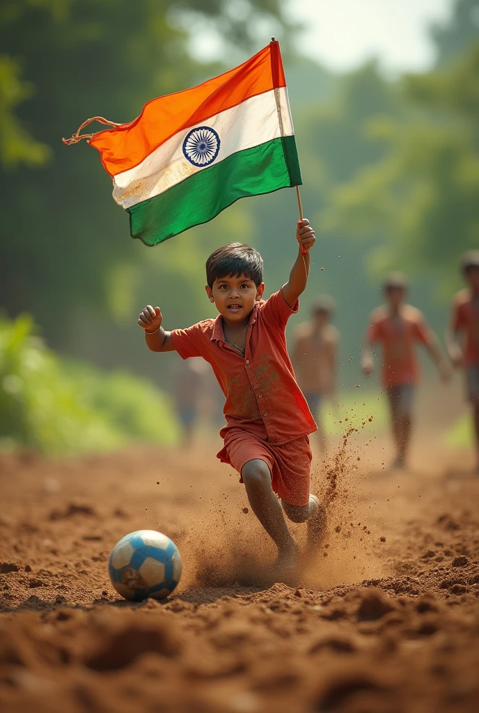 A Indian boy playing mud Football with Indian national flag in hand with @wayanadan watermark