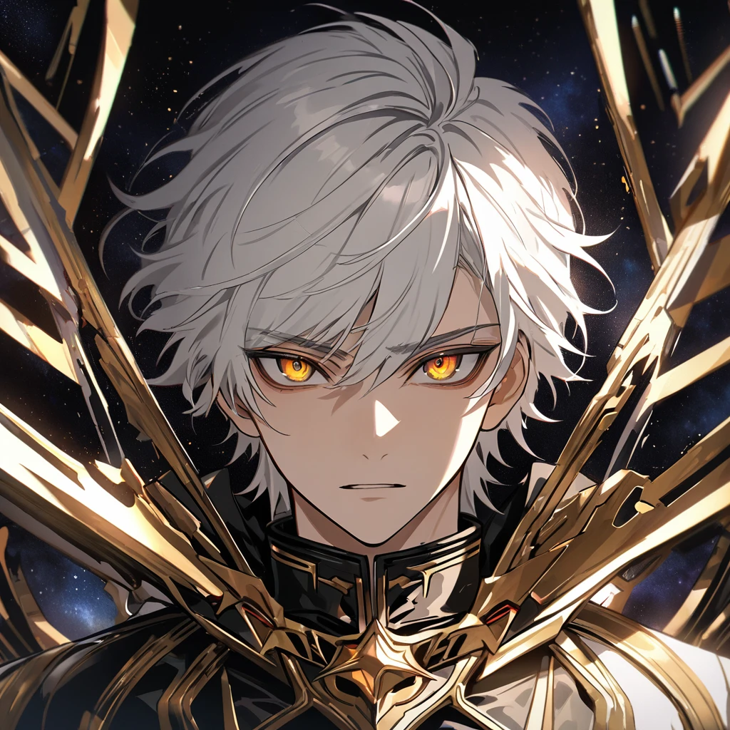High quality, HD, 4k, no shadows, handsome male, handsome, 1male, 18 years old, 18yo, short white hair, white hair, white hair, white hair, sharp eyes, deep golden colored eyes, dark gold colored eyes, deep gold eyes, gold eyes, devil may cry, close up, calm expression, stoic expression, black leather clothes, white leather clothing, lean body, well trained body, upper body, looking at viewer, cowboy shot, white solar, space background
