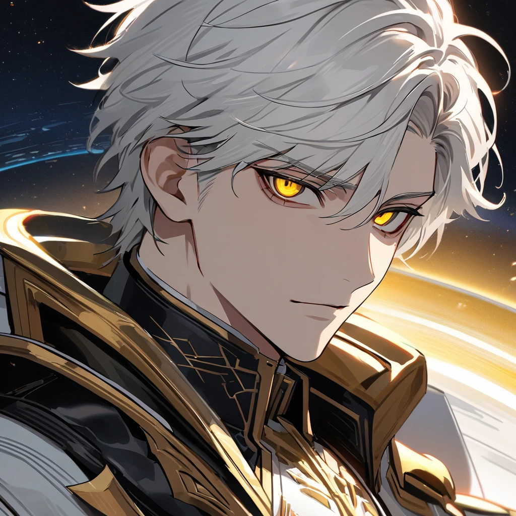 High quality, HD, 4k, no shadows, handsome male, handsome, 1male, 18 years old, 18yo, short white hair, white hair, white hair, white hair, sharp eyes, deep golden colored eyes, dark gold colored eyes, deep gold eyes, gold eyes, devil may cry, close up, calm expression, stoic expression, black leather clothes, white leather clothing, lean body, well trained body, upper body, looking at viewer, cowboy shot, white solar, space background