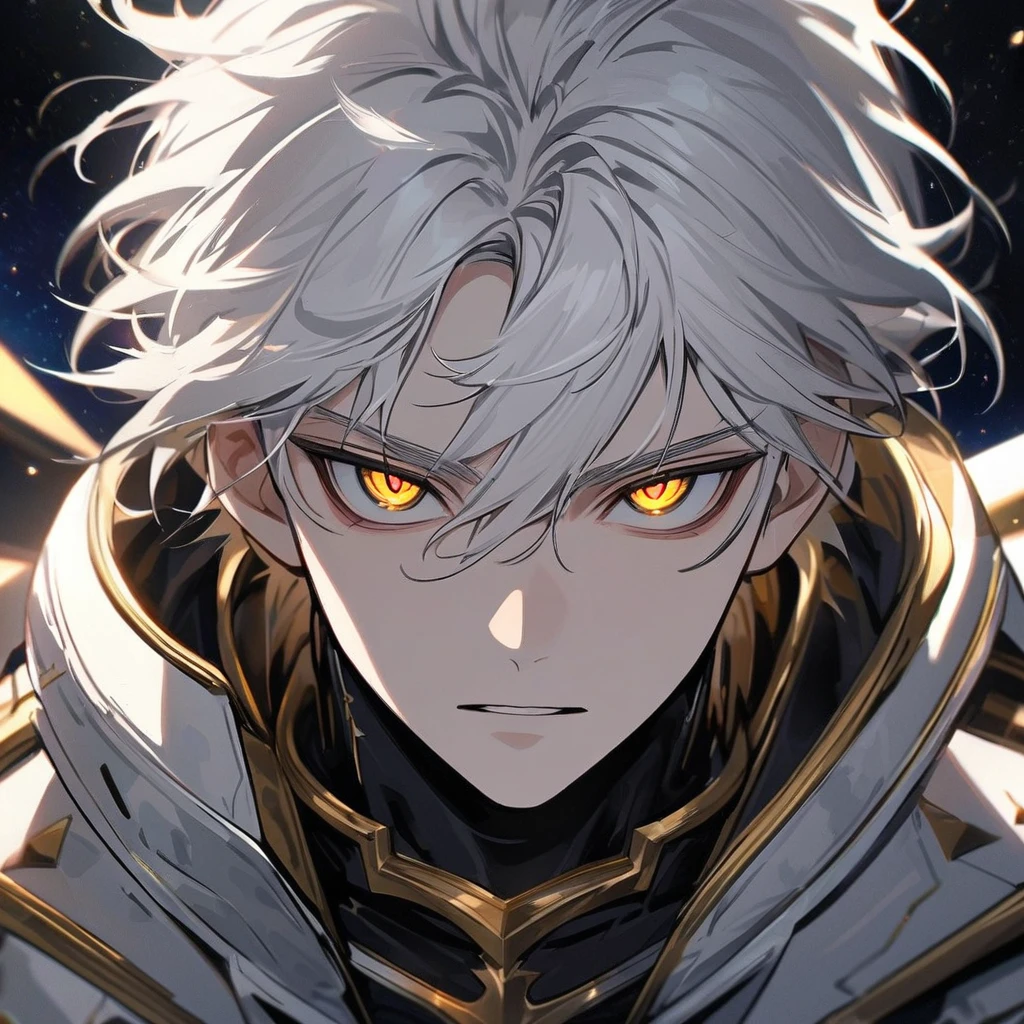 High quality, HD, 4k, no shadows, handsome male, handsome, 1male, 18 years old, 18yo, short white hair, white hair, white hair, white hair, sharp eyes, deep golden colored eyes, dark gold colored eyes, deep gold eyes, gold eyes, devil may cry, close up, calm expression, stoic expression, black leather clothes, white leather clothing, lean body, well trained body, upper body, looking at viewer, cowboy shot, white solar, space background