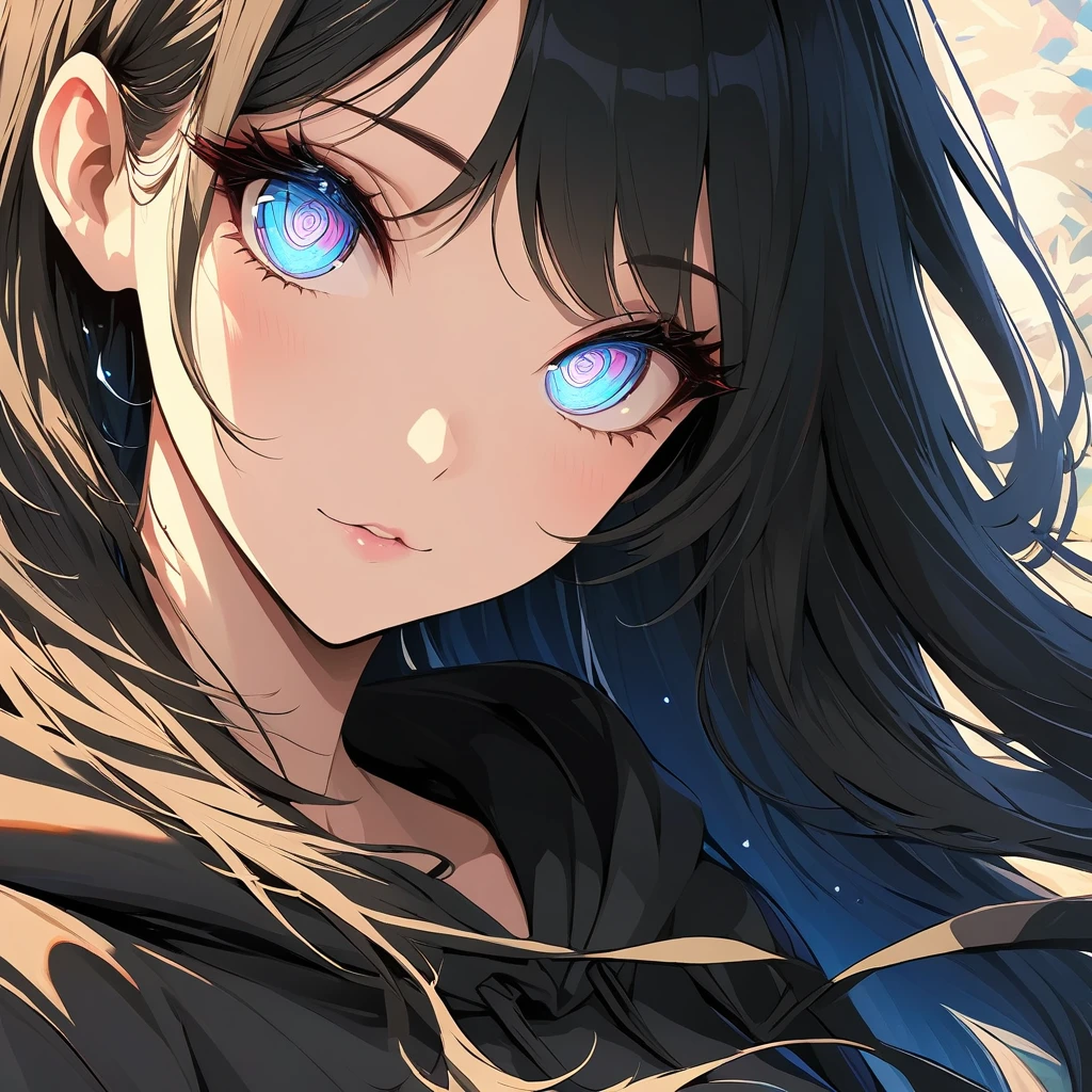 Masterpiece, Very detailed, Ultra-detailed, one tall beautiful woman, Masterpiece, Very detailed, Ultra-detailed, lovely wavy black hair, beautiful eyes, yellow, red, and blue swirled eyes, attractive, black hoodie, inabakumori art style, lagtrain