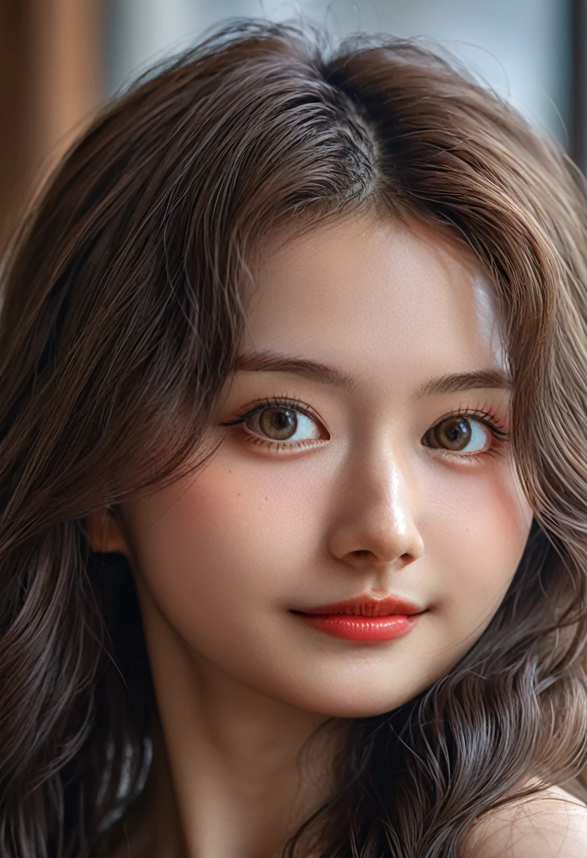 HIMESANA, highest quality, detailed background at home, (picture shows face and body together::1.3), lowest lux, lighting face, she's comfortable, wearing tight dress, (8k, Raw photo, Highest quality),(epic realistic:1.5), a woman, (detailed eyes:0.8),(looking sideway:1.2), (Highest quality), (loft light),Intricate details,cinematic,((detailed rough skin:1.4)), long hair, messy ,(Hdr:1.5),Detailed, Superior quality, Masterpiece, Raw Photo, natural, perfect composition, smiling expression, Captivating eyes, Bright details, Tight lips, (High Skin Detail), Canon 5d, 50mm lens, f/4 apertures, (Ultra-detailed, Complex detail), sharp focus, soft colors, 8k, Absurd, 80mm, DLSR photography