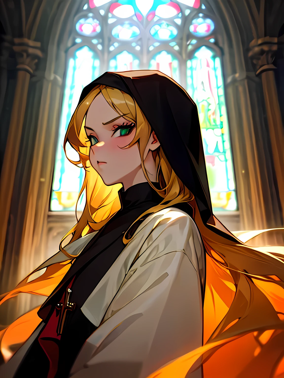 sideview,solo, looking at viewer,upprbody, glaring, blonde, straight long hair, eye shadow, eyeliner, pretty face,black monk's clothes, church, Virgin Mary,