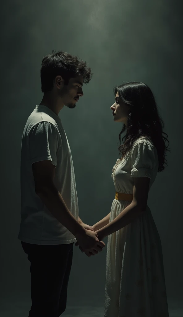 Title: "The Fading Touch"Description: The young man and girl stand facing each other but are moving in opposite directions. Their hands are reaching out but are just about to lose contact. The dark background highlights the separation and the fading connection.