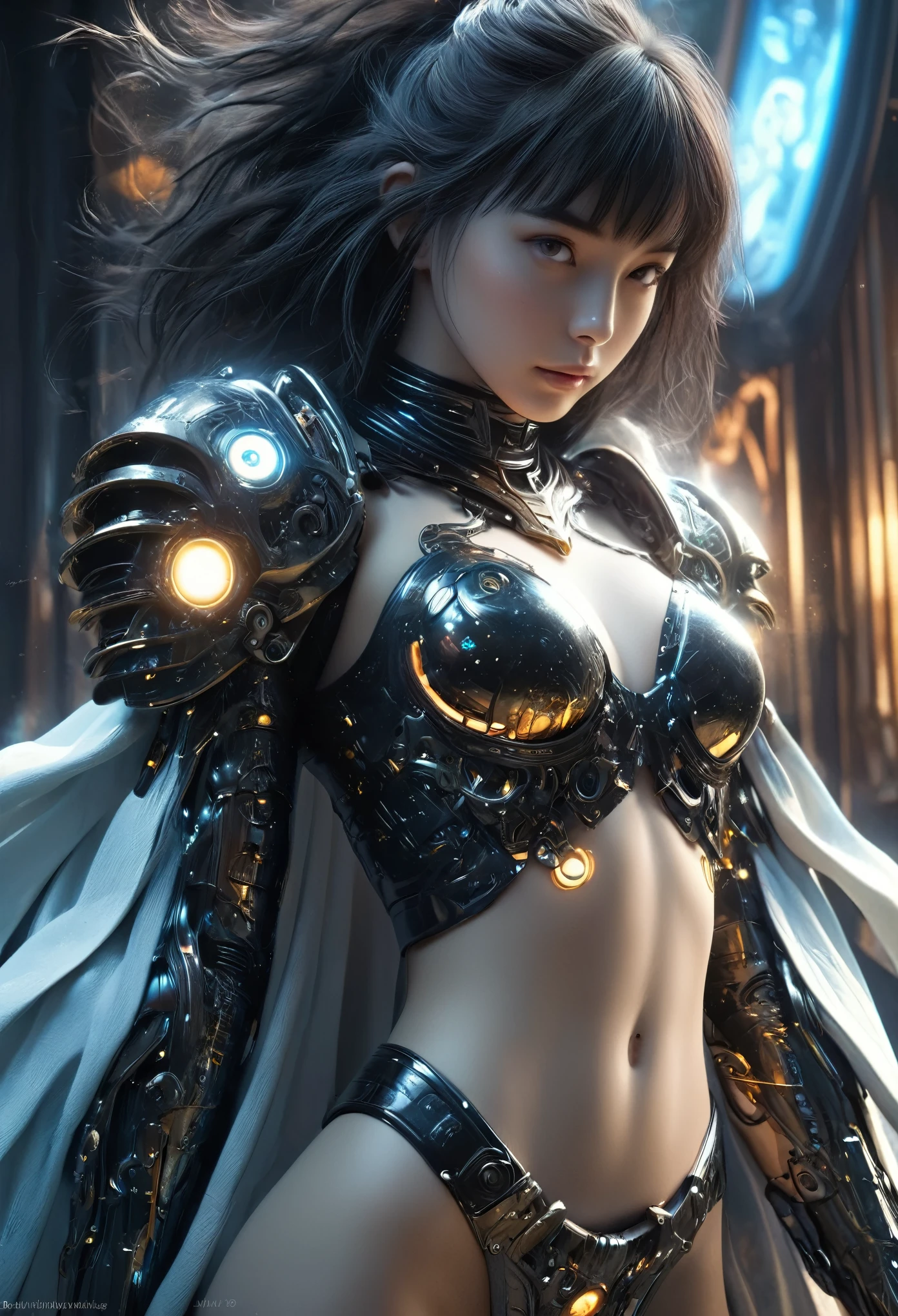 (Best Quality, 4K, 8K, High Resolution, Masterpiece: 1.2), (Super Detailed, Realistic, Photorealistic:1.37), A woman in futuristic clothing, Trending on cgstation, Trending on cgstation, (Portrait of a girl in the Knights of the Zodiac:1.4), blunt bangs, Cute Cyborg Girl, Perfect android girl, Portrait Astronaut Girl, Beautiful girl cyborg, (Girl wearing iridescent black and white mechanical cyber armor:1.3), Game CG, cgsociety and fenghua zhong, Beautiful Cyborg Shrine Maiden, Bioluminescence, (Yua Yaiba:0.5), (Golden eyes:1.5), Anatomically correct grip, (Sharp and long claws:1.4), erotic and sexy, black, wearing A gorgeous cape with beautifully detailed embroidery, (beautiful tits, beautiful breasts, beautiful nipples:1.5), (NSFW:1.5)