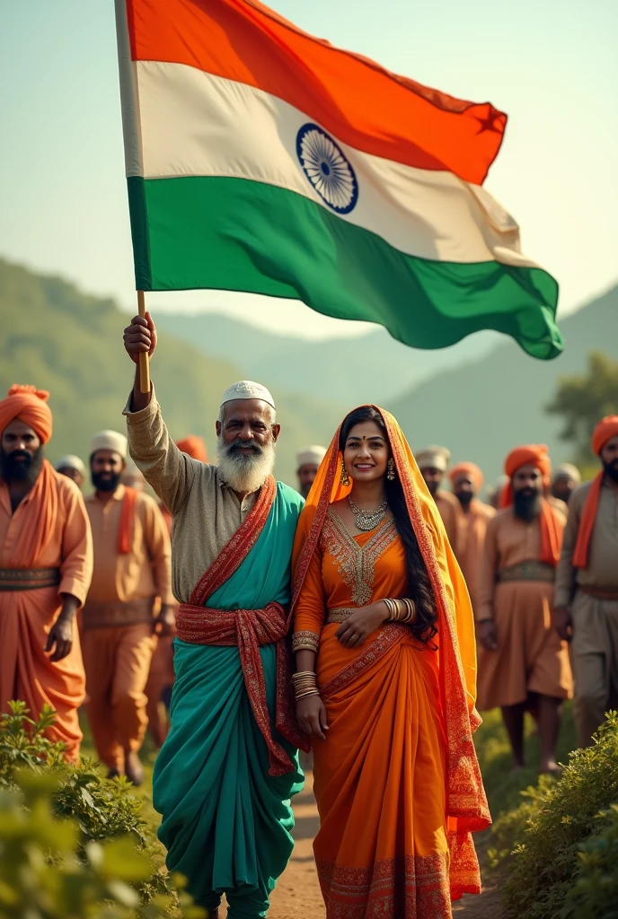 Indian independence in farmers with flag with Jhabua and Alirajpur traditional dress only man and woman  with text happy independence day in hindi 