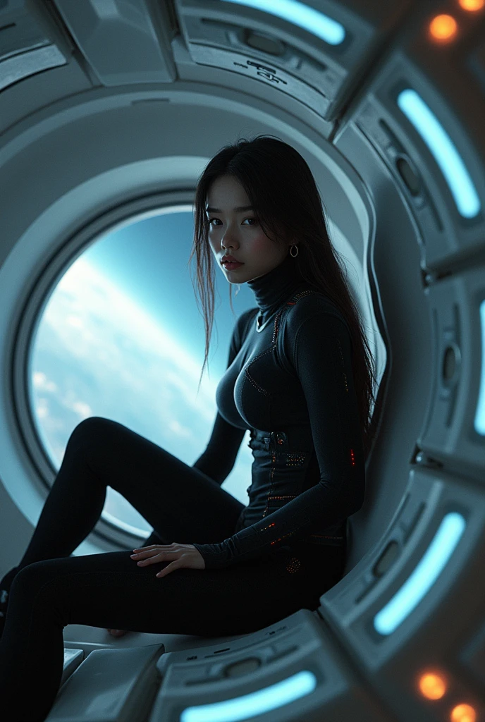 A Asian girl on a spaceship wearing black bodysuit and black sock