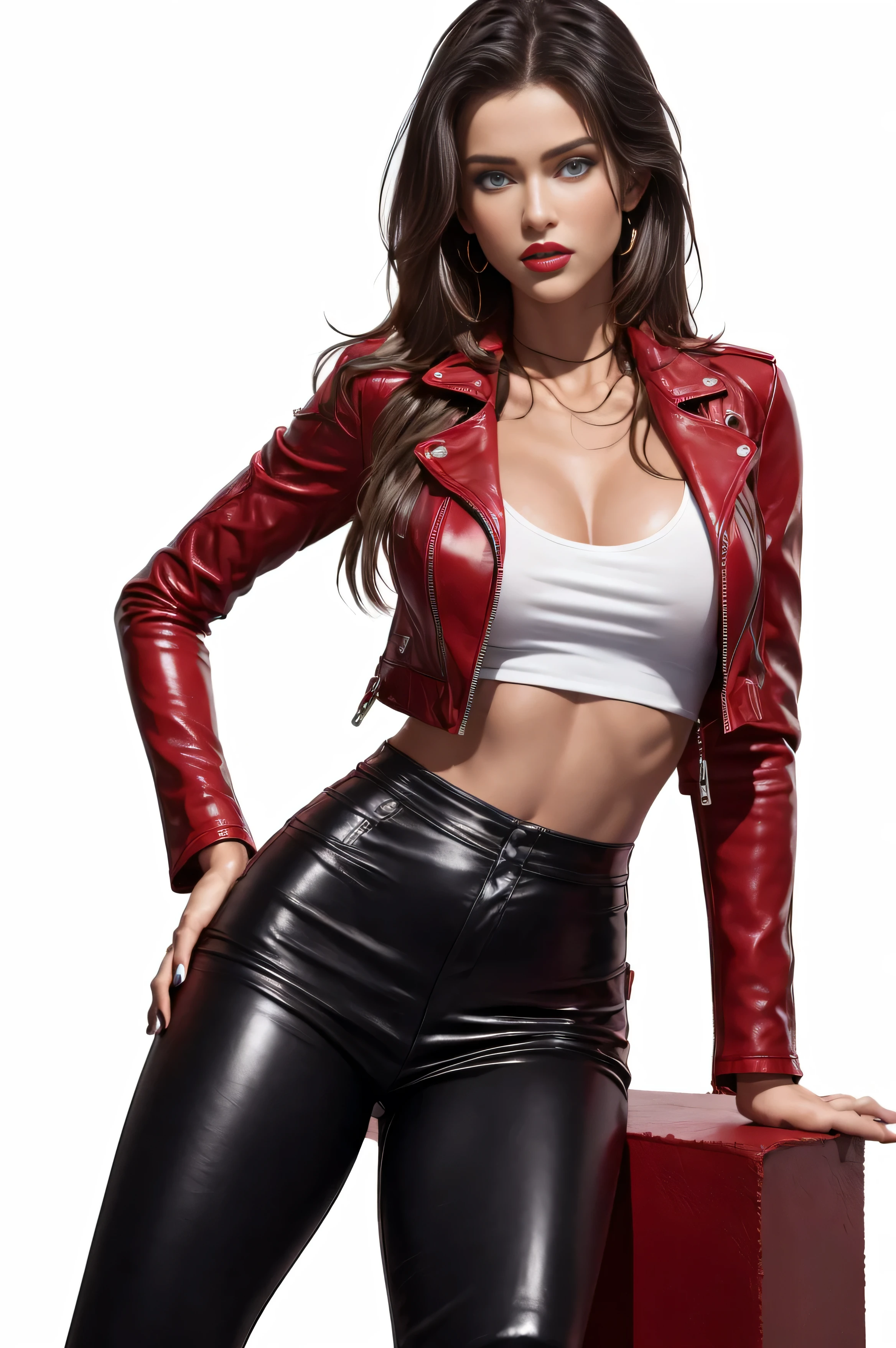 full-body-shot, beautiful 20-year-old very long black hair, blue eyes, bright red lips, model girl, in short top, leather pants, red leather jacket, high heels, slightly splayed in front of a white background, studio background, ultra photorealistic, cinematic 20mm f1,2