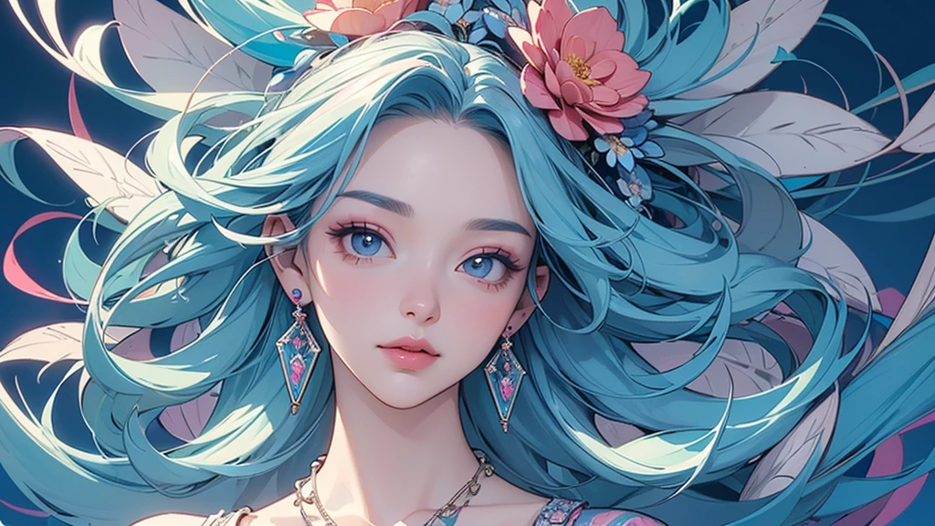 32K, 最高quality, 最高masterpiece, (ultra-Detailed Background, Detailed Background), High resolution, Super detailed, Very detailedな, 1 personの, (bouquet:1.3), (Tangled:1.2), (Geometric:1.2),(colorful),(masterpiece, quality, best quality, Official Art, Beautiful and beautiful:1.2), (1 person:1.3), Very detailed,(colorful:1.1)(Flowers:1.3),Most detailed,(Tangled:1.2), whole body, (Abstract background:1.3), (Skin glows), (Many colors:1.4), ,(Earrings Jewelry:1.5), Light Blue Background,
