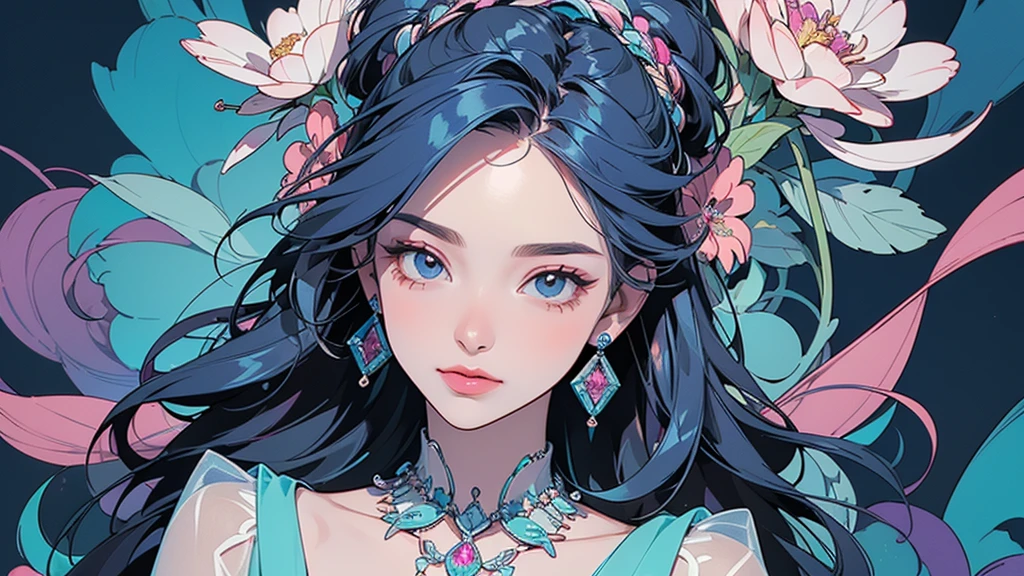 32K, 最高quality, 最高masterpiece, (ultra-Detailed Background, Detailed Background), High resolution, Super detailed, Very detailedな, 1 personの, (bouquet:1.3), (Tangled:1.2), (Geometric:1.2),(colorful),(masterpiece, quality, best quality, Official Art, Beautiful and beautiful:1.2), (1 person:1.3), Very detailed,(colorful:1.1)(Flowers:1.3),Most detailed,(Tangled:1.2), whole body, (Abstract background:1.3), (Skin glows), (Many colors:1.4), ,(Earrings Jewelry:1.5), Light Blue Background,