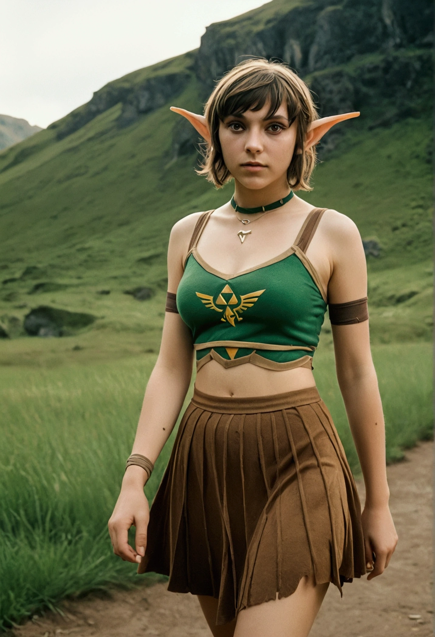 analog film photo, photo of a Hylian girl, elf ears, honey eyes, shaggy brunette bob cut, tan complexion, tall stature, athletic, voluptuous hourglass figure, full hips, plump round buttocks, wearing a bralette and a torn skirt, strolling through Hyrule's wilderness, resembles Millie Bobby Brown, RAW Photograph, dslr, soft lighting, high quality, film grain, Fujifilm XT3, detailed skin with visible pores, insane details, masterpiece, 8k, 35mm photograph, dslr, kodachrome, faded film, desaturated, grainy, vintage, Lomography, stained, highly detailed, found footage, close-up shot, elven ears