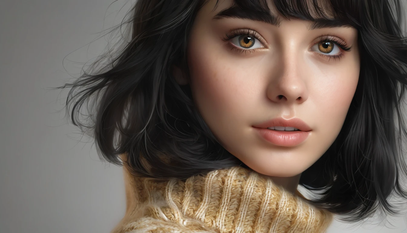 (masterpiece:1.3), (8k, photorealistic, RAW photo, best quality: 1.4), (1girl), beautiful face, (realistic face), (black hair, short hair:1.3), beautiful hairstyle, realistic eyes, beautiful detailed eyes, (realistic skin), beautiful skin, (sweater), absurdres, attractive, ultra high res, ultra realistic, highly detailed, golden ratio