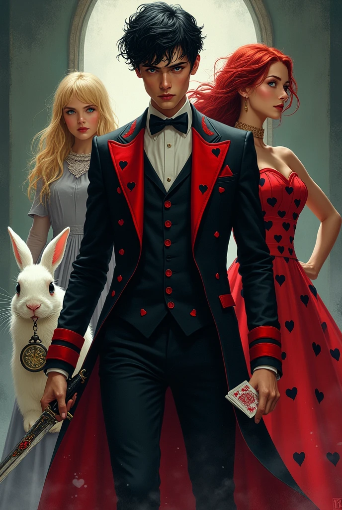 Make a red king like the one from Alice in Wonderland with the following characteristics. Let the complete Body come out, Red hair, White skin, extravagant red royalty suit with red hearts type poker cards. Red shoes with poker design