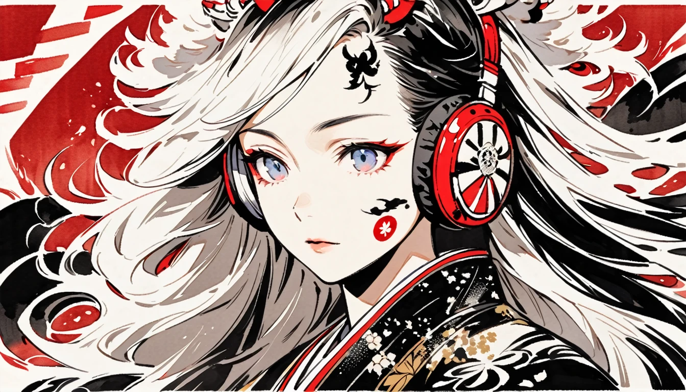 (((Ink Painting))), ((Japanese style headphones)), (((White face with Japanese pattern tattoo))), face close up, Magnificent hair ornament, Japan人の女, Fluttering Hair, Japan, Japanese flag