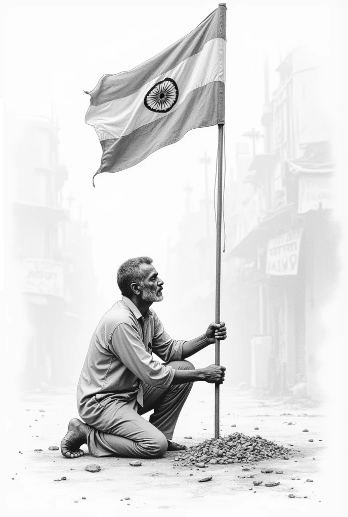 Generate an sketch image of a men picking indian flag from road pencil sketching