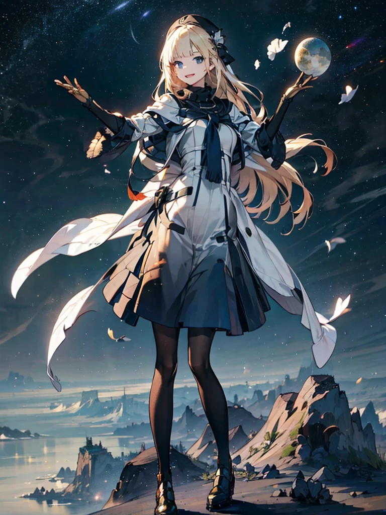 1people々々々々々々々々,Blonde long-haired woman,Long coat, Dress Silhouette, Rear View,Space Sky, comet, Anime Style, Dancing Petals,Night view of the city from the mountainside,