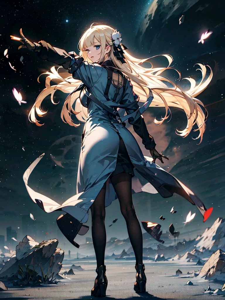 1people々々々々々々々々,Blonde long-haired woman,Long coat, Dress Silhouette, Rear View,Space Sky, comet, Anime Style, Dancing Petals,Night view of the city from the mountainside,