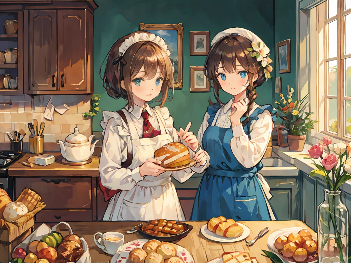 perfect eyes, soft light, high quality, 4k resolution, masterpiece, textured skin, high details, detailed face, detailed eyes, best quality, award winning, super detail, high quality, Pastry chef, confectionery maker, apron, brown hair, braid, hairpin, Impressionism, Monet, Cake shop, decorating cakes in the kitchen