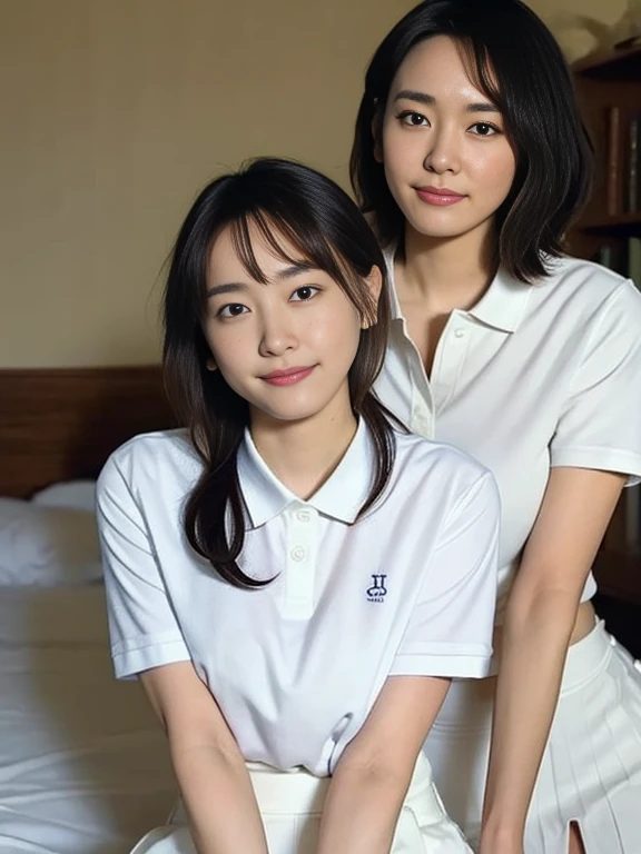(Masterpiece, Best quality:1.3), (Ultra realistic, Photo-realistic:1.2), looking at each other, Natural light, 28 years old actress, Japanese beautiful 2 women, Neat and clean, (White damaged tennis uniform, White short-sleeve polo shirt with darknavy line collar:1.1), (unbutton:1.3), (White pleated skirt:1.1), white sock, (ponytail:1.2), (Beautiful faces), Oval face, clear, Beautiful eyes, Kind eyes, Clear skin, Small face, Beautiful mouth, Small mouth, Natural makeup, Approachable, (nsfw:1.2), Seductive smile, (Seductive pose:1.2), (Beautiful thighs:1.1), (Bedroom eyes:1.1), Embarrassed, Blush, Luxury hotel Suite room, On bed, obscene reality of girls, (lesbian couple 2girls, petting together:1.1), grabbing crotch, erotic touch, arms behind back, kneeling, restraint