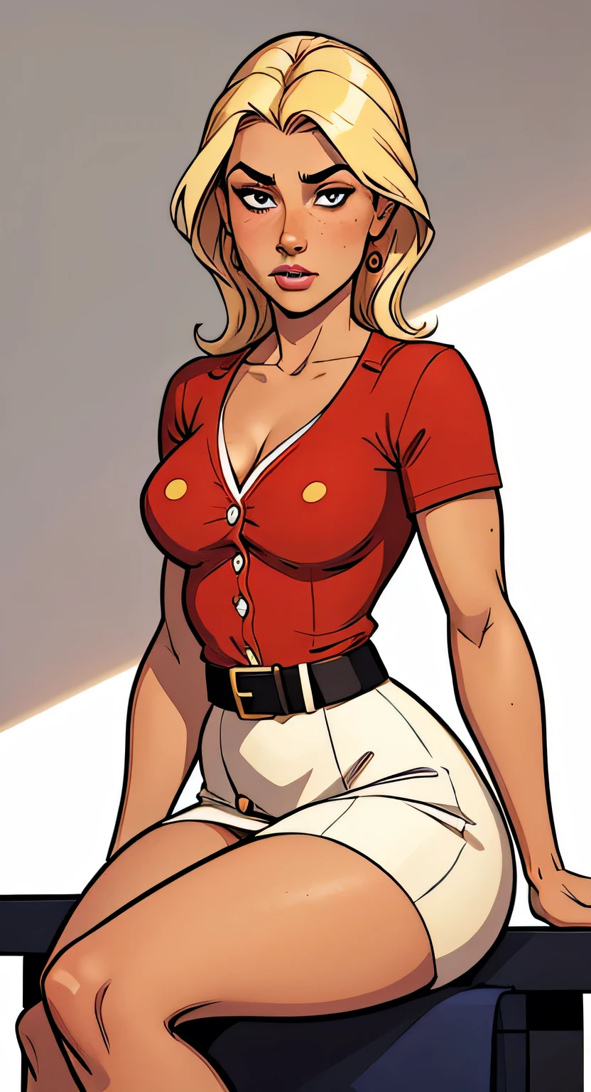 Thin woman, 4K (High definition), thoughtful, teacher in a red dress (of buttons) with a V-neck and short sleeves, black belt, pele caucasiana, shoulder length blonde hair, sitting, eyes browns, a freckled chest with small beads of sweat on his lap. comic style, white background.