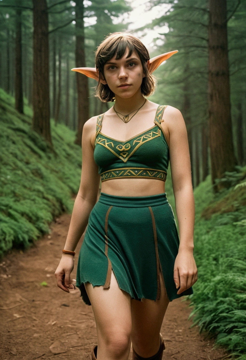 analog film photo, photo of a Hylian girl, elf ears, honey eyes, shaggy brunette bob cut, tan complexion, tall stature, athletic, voluptuous hourglass figure, full hips, plump round buttocks, wearing a bralette and a torn skirt, strolling through Hyrule's wilderness, resembles Millie Bobby Brown, RAW Photograph, dslr, soft lighting, high quality, film grain, Fujifilm XT3, detailed skin with visible pores, insane details, masterpiece, 8k, 35mm photograph, dslr, kodachrome, faded film, desaturated, grainy, vintage, Lomography, stained, highly detailed, found footage, close-up shot, elven ears